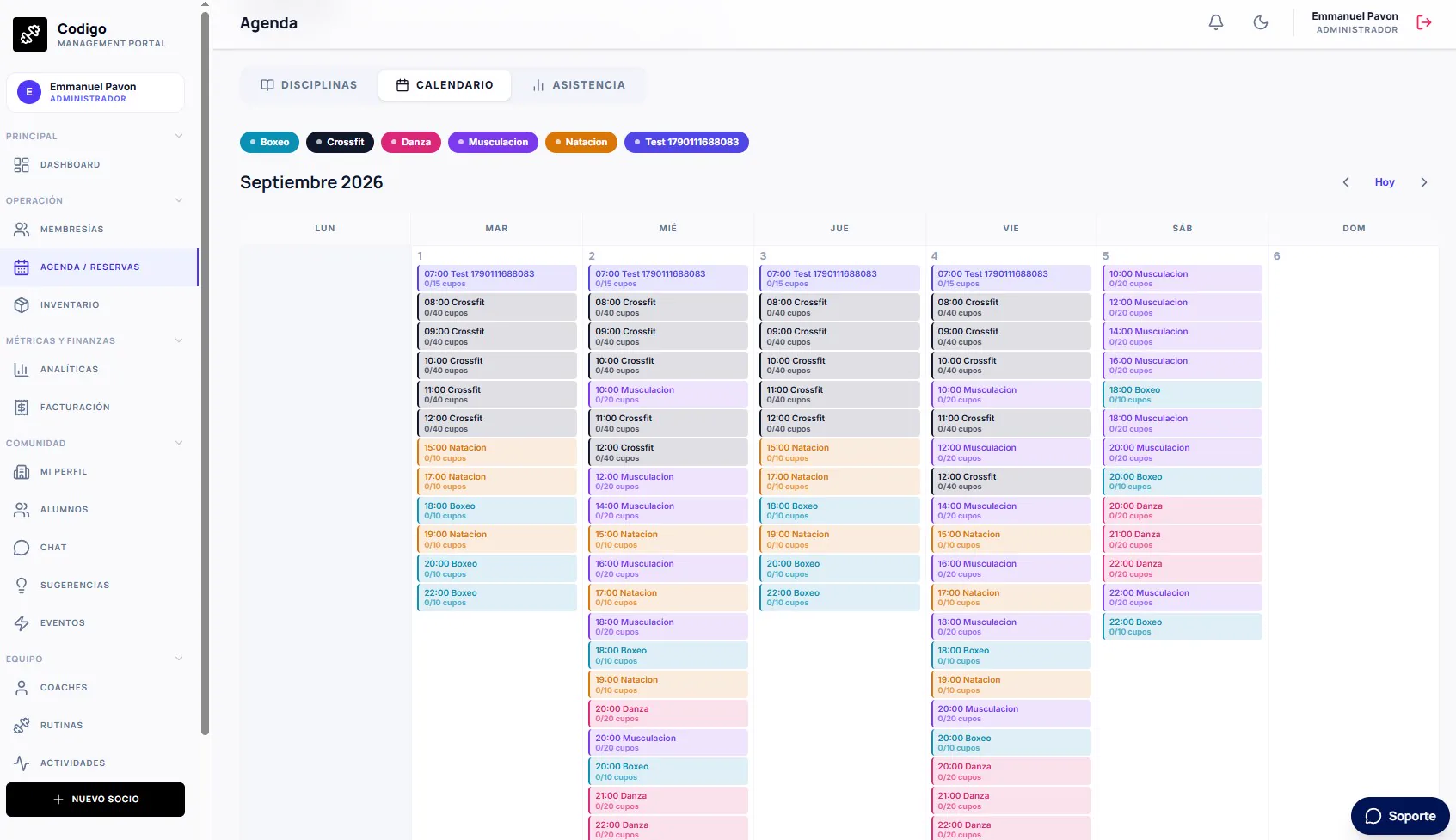 Calendario de clases y actividades en el panel de Satratos Admin