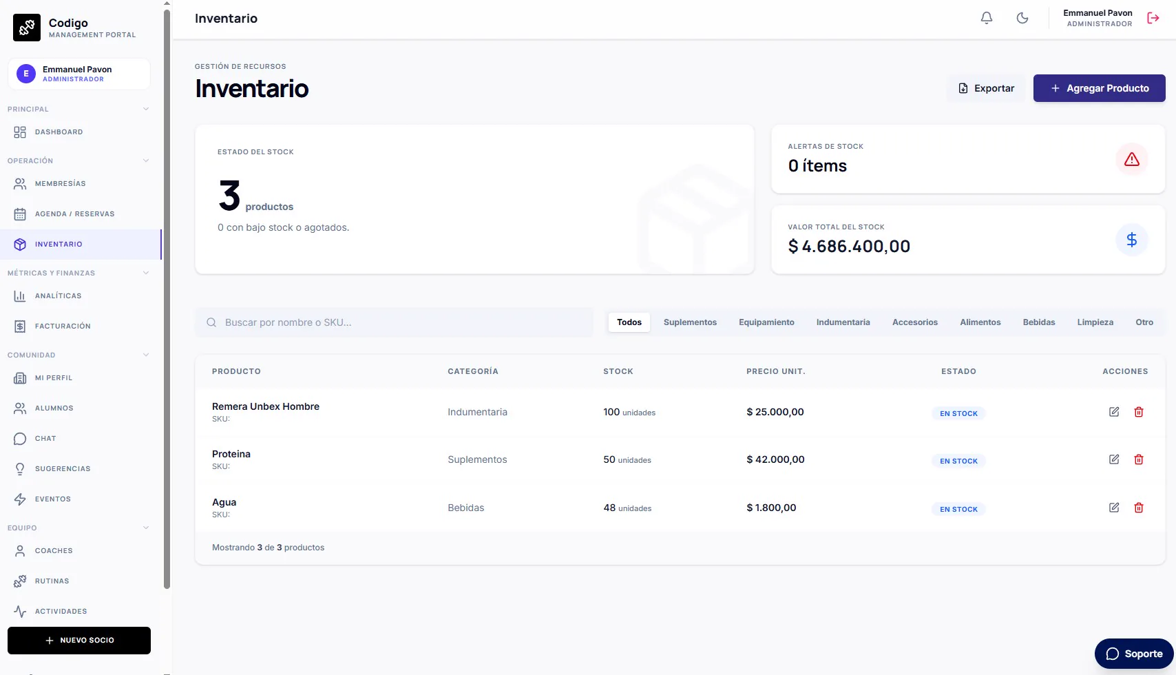 Control de inventario del gimnasio