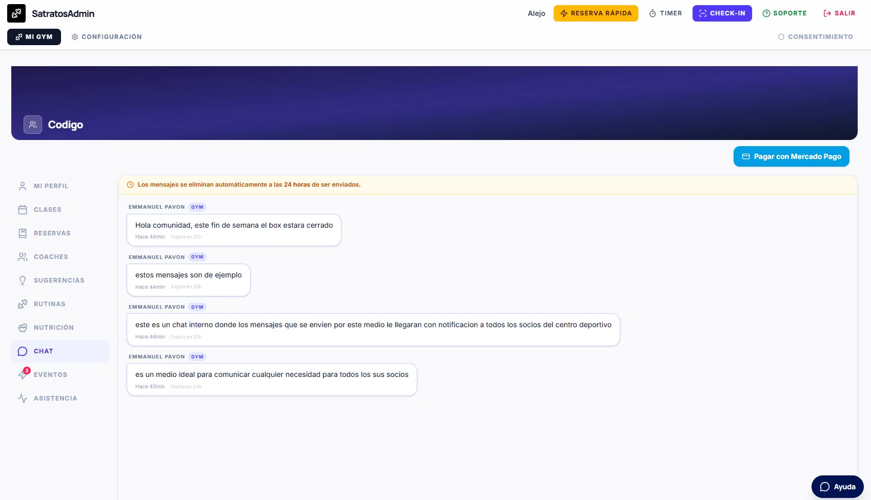 Chat interno del gimnasio con el aviso de que los mensajes se borran a las 24 horas
