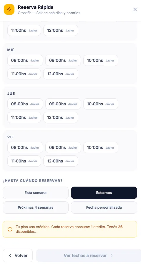 Selección de días y horarios para reservar varias clases de una vez, con aviso de créditos